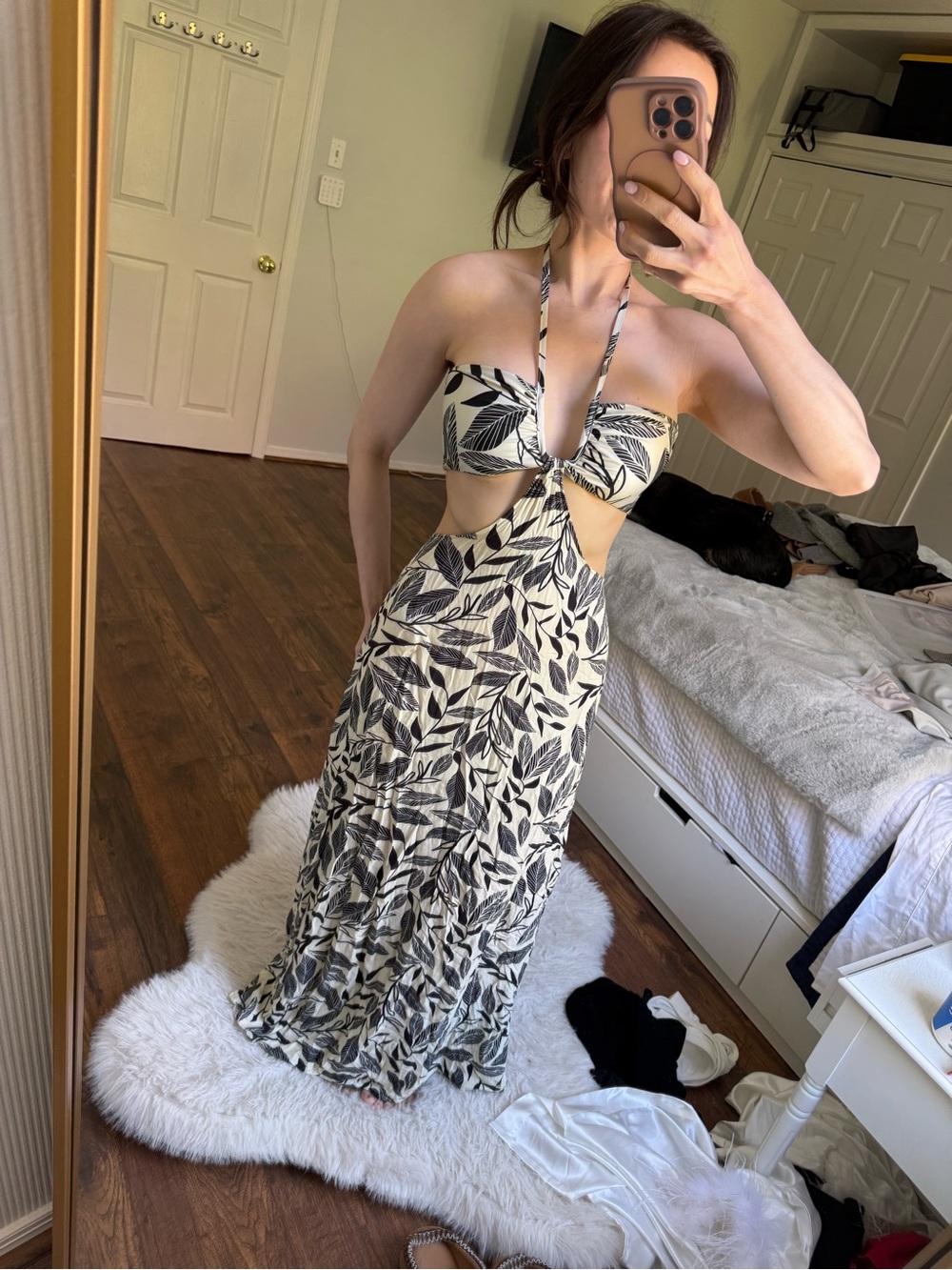 Leaf-Print Cutout Maxi Dress in Cream and Black